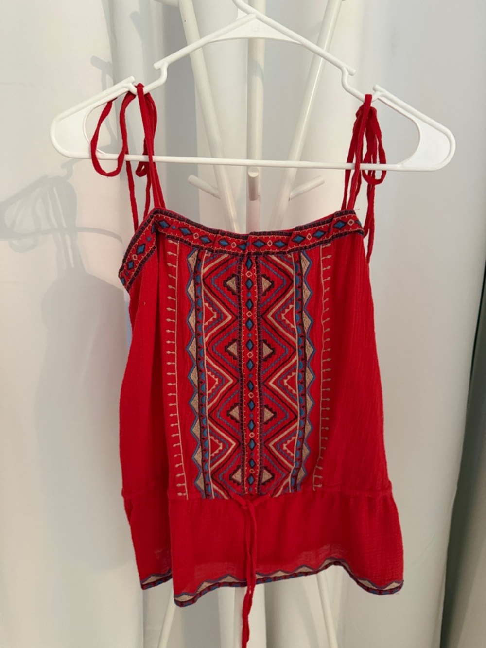Red Embroidered Tie-Shoulder Camisole with Geometric Panel